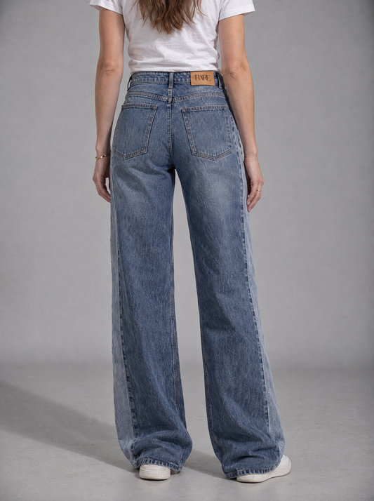 RARE Sapphire mid blue wide leg jeans, back view with tan leather RARE patch