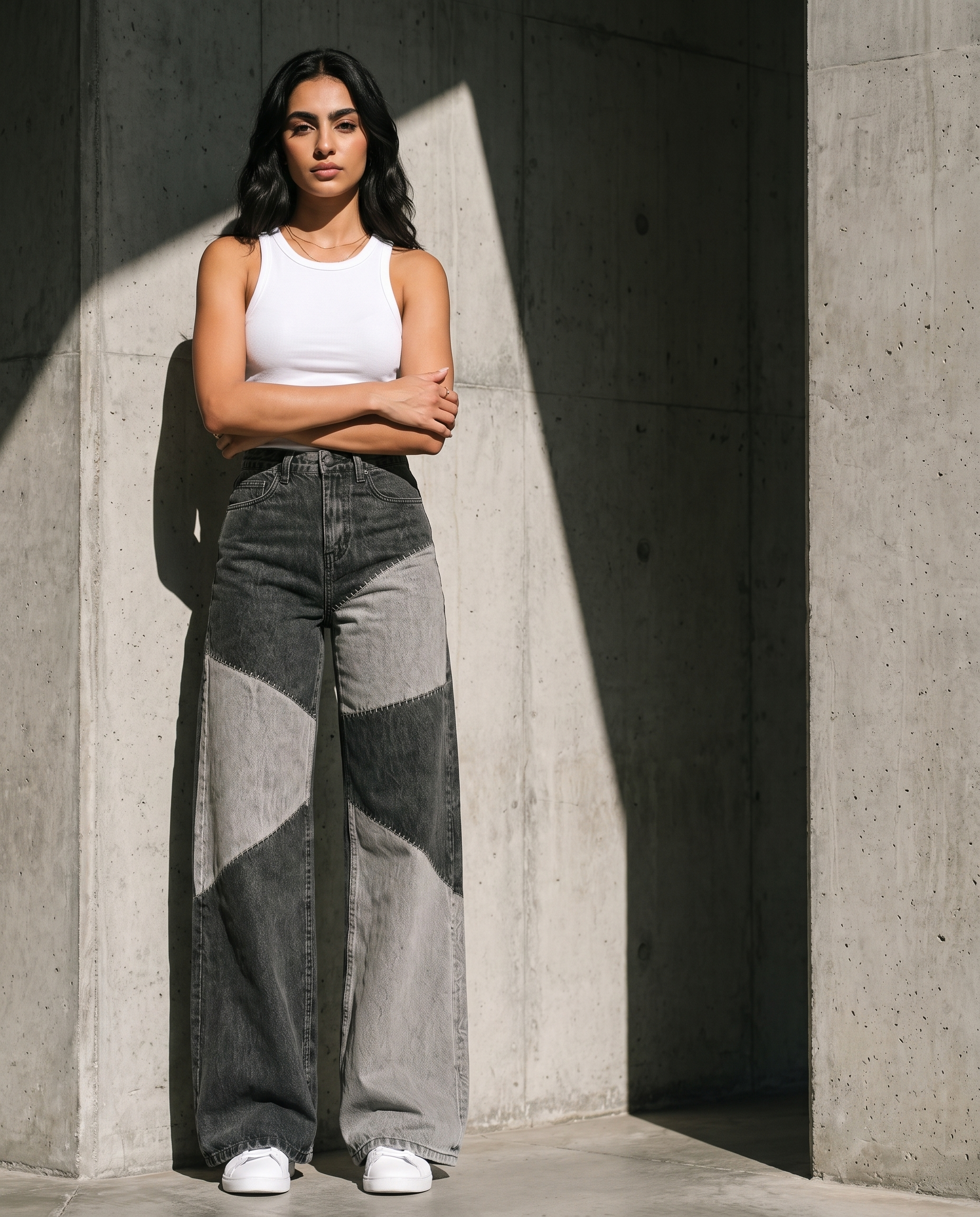 RARE Onyx black and grey diagonal patchwork wide leg jeans, front