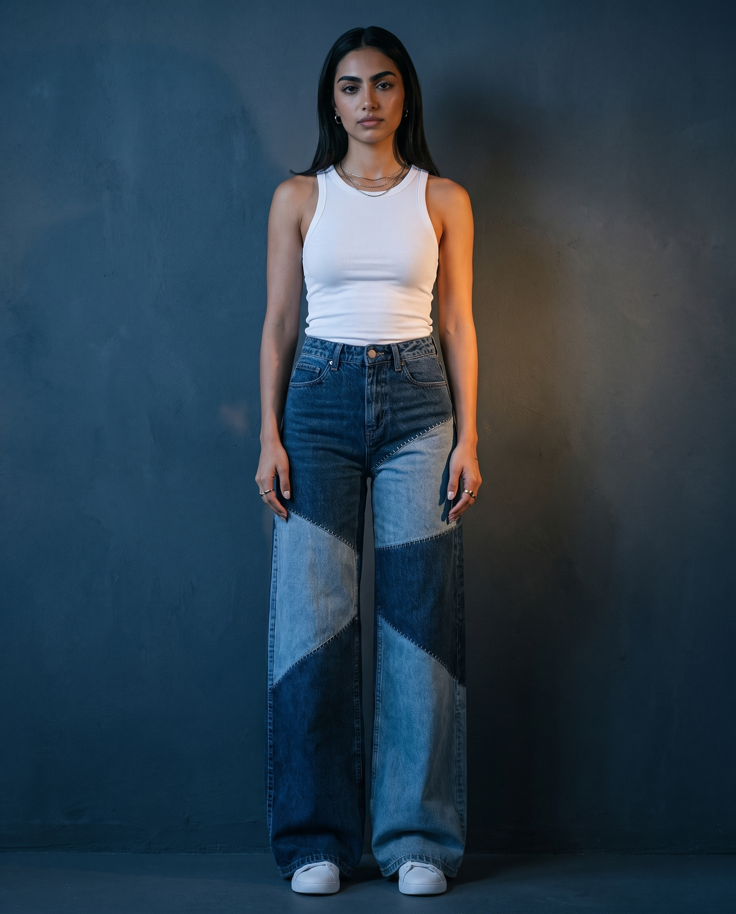 RARE Lapis two tone indigo patchwork wide leg jeans, front