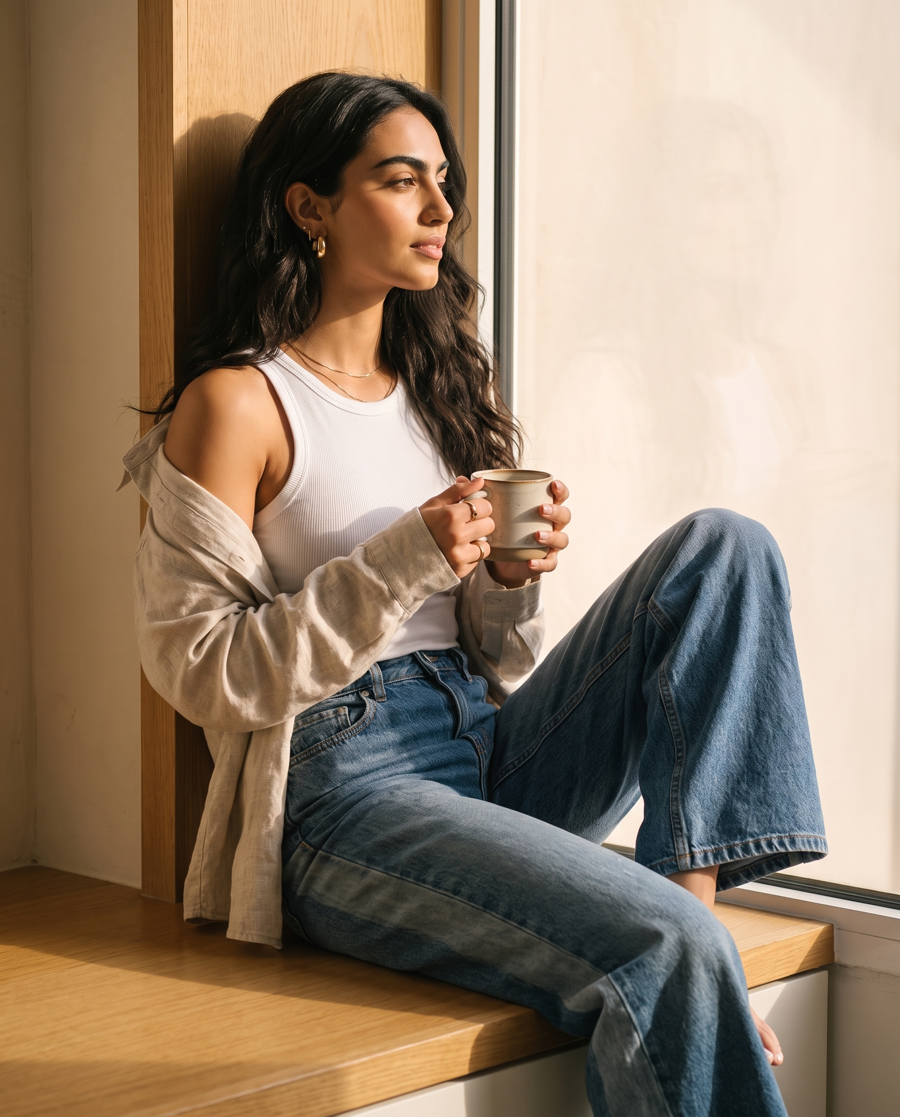 RARE Sapphire mid blue wide leg jeans, windowsill lifestyle