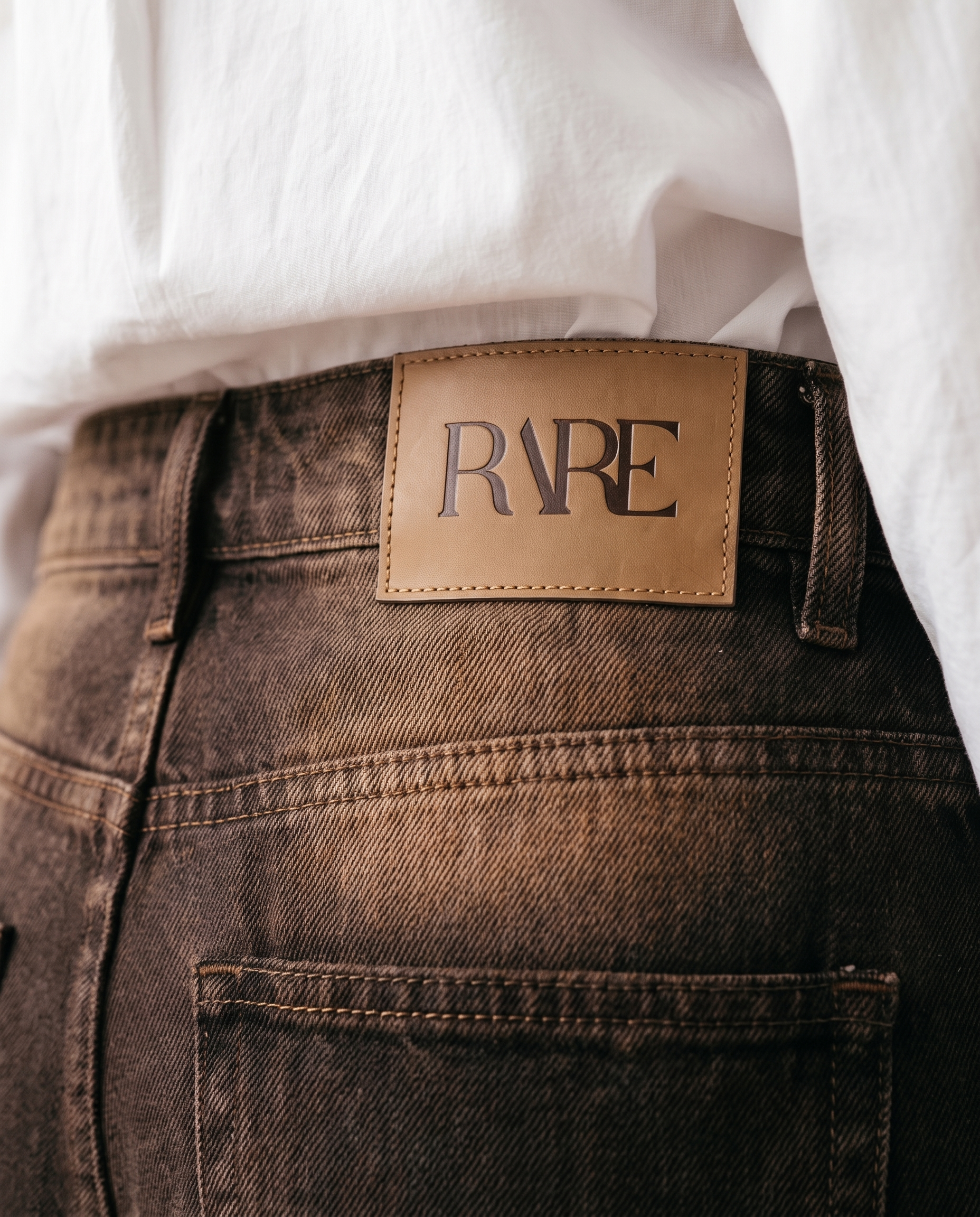 RARE Amber brown jeans, back waistband detail with the tan leather RARE patch