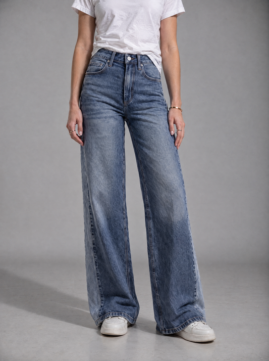 RARE Sapphire mid blue high waisted wide leg jeans, front view