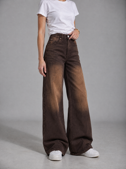RARE Amber faded brown high waisted palazzo jeans, front view