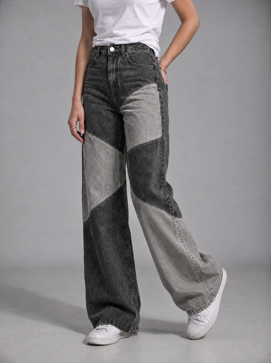 RARE Onyx black and grey patchwork wide leg jeans, front view