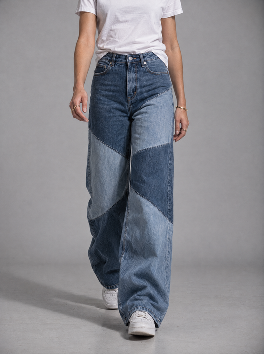 RARE Lapis two tone indigo patchwork wide leg jeans, front view