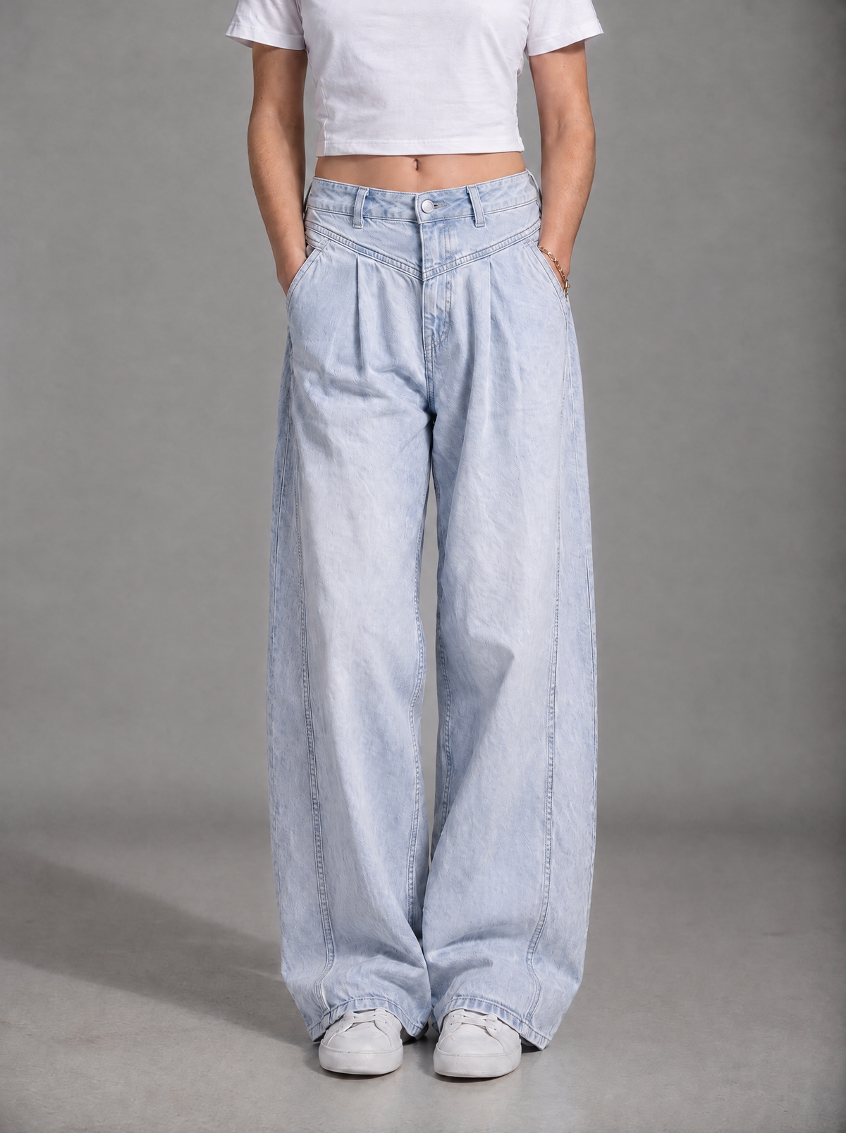 RARE Topaz icy light blue pleated wide leg jeans, front view