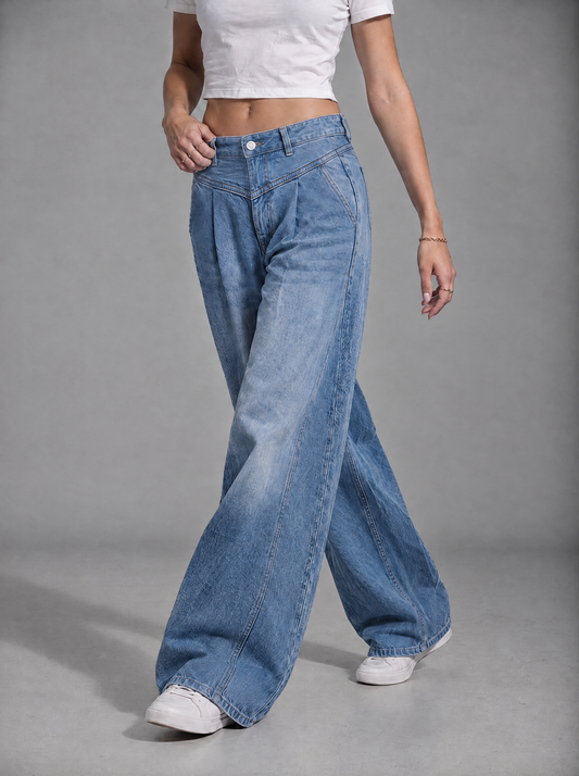 RARE Opal light blue pleated double waist jeans, front view