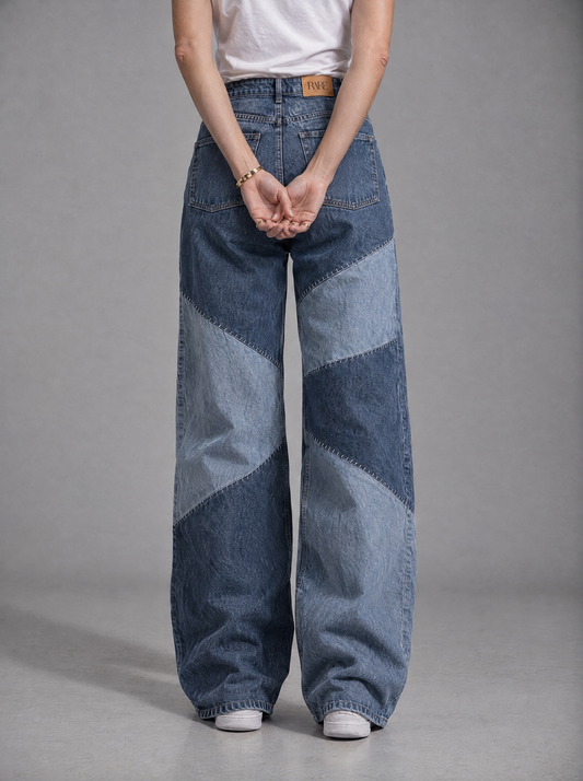 RARE Lapis indigo patchwork jeans, back view with tan leather RARE patch