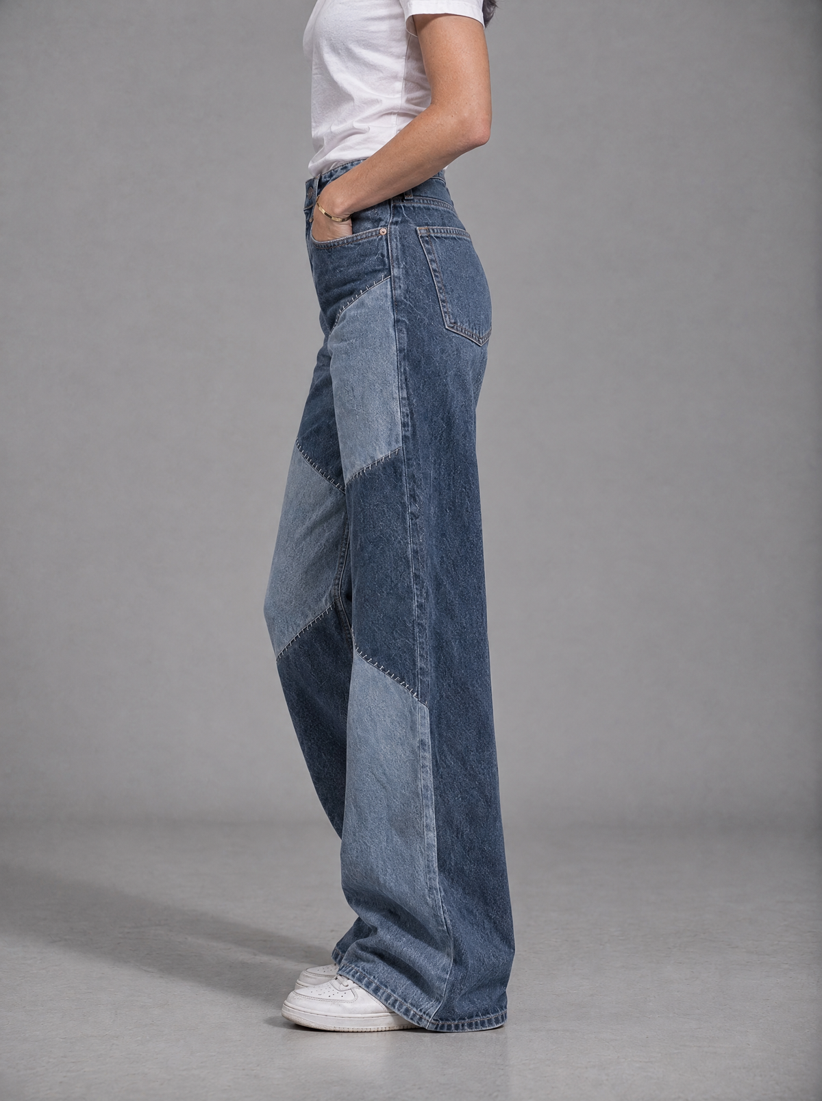 RARE Lapis indigo patchwork wide leg jeans, side view