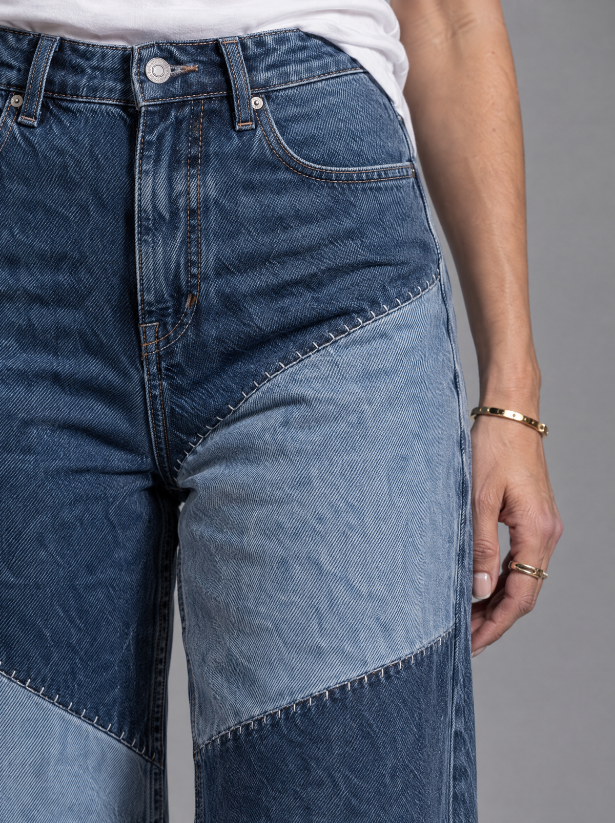 RARE Lapis jeans, close-up of two tone indigo patchwork seam