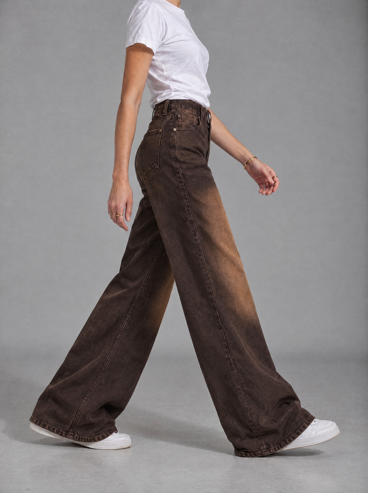 RARE Amber faded brown palazzo jeans, side view walking