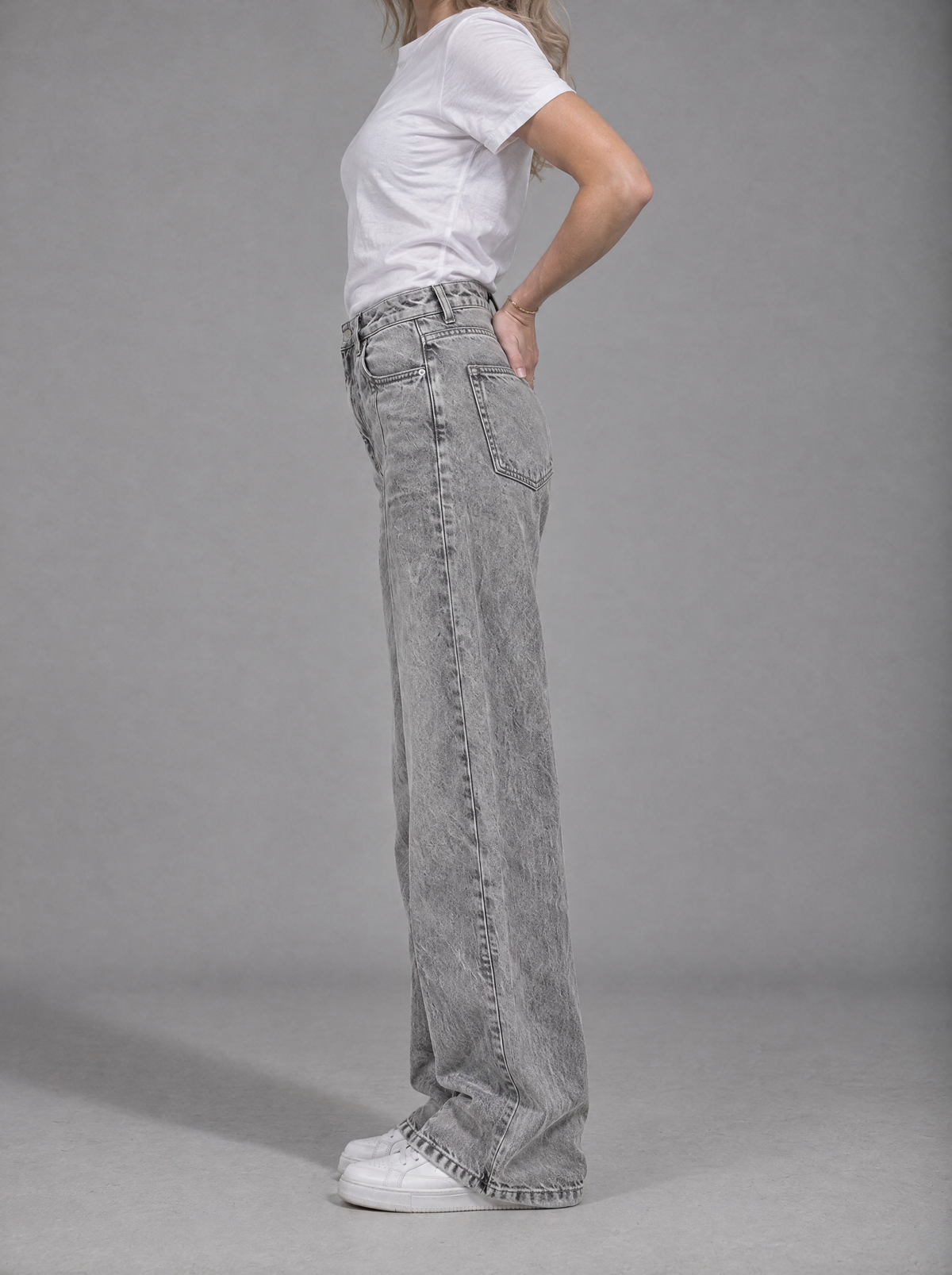 RARE Quartz grey acid wash wide leg jeans, side view
