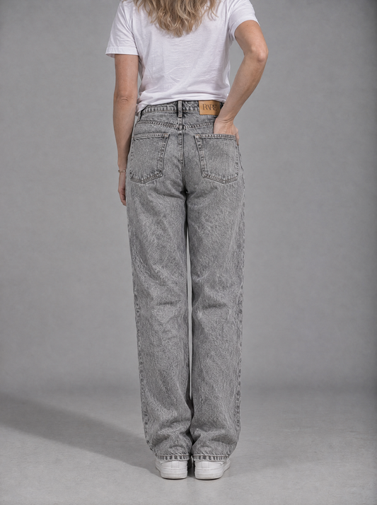 RARE Quartz grey acid wash jeans, back view with tan leather RARE patch