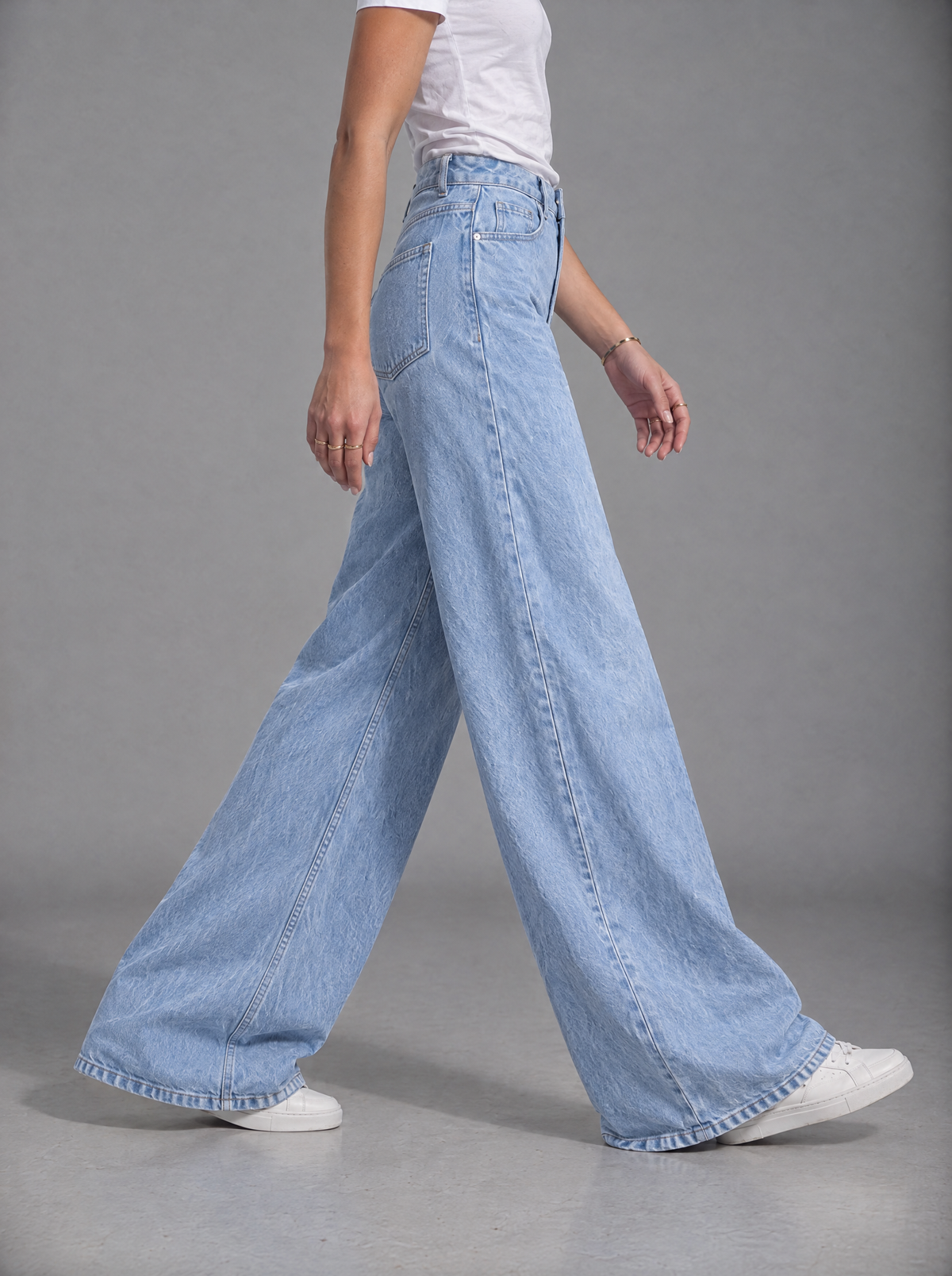 RARE Pearl sky blue palazzo jeans, side view walking