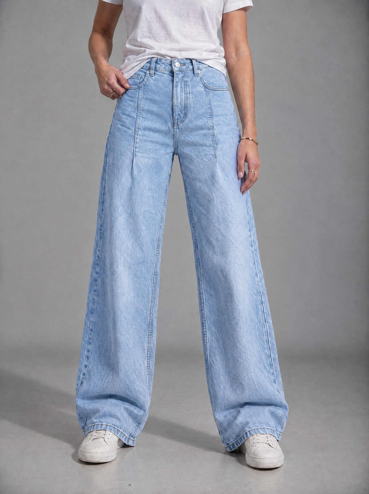 RARE Pearl soft sky blue high waisted palazzo jeans, front view